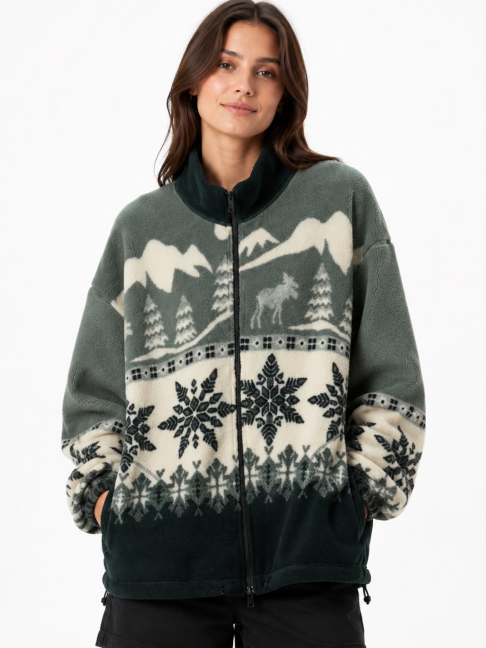 Ezze Wear Nordic Fleece Zip Jacket Green Snowflake Moose Canada Size M – Cozy